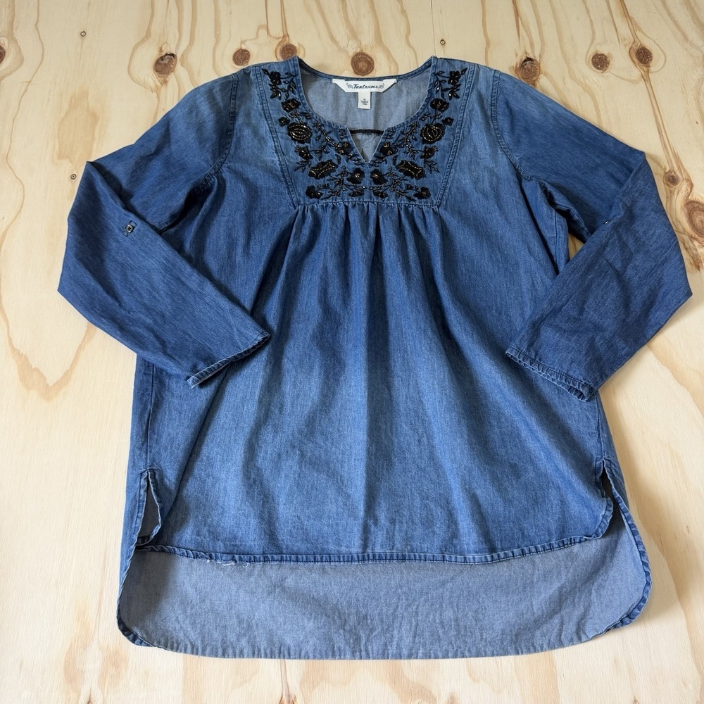 Tantrums Chambray Denim Top Boho Beaded Blue Long Sleeve Size Medium M